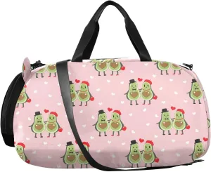 VIGTRO Avocado Valentine's Day Couples Kids Overnight Travel Duffel Bag Sport Gym Bag for Boys Girls with Shoe Compartment, Carry On Weekender Luggage Bag for Dance Swim Yoga