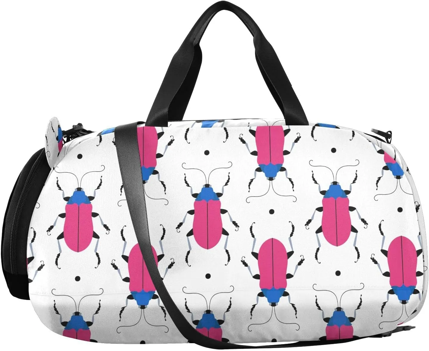 VIGTRO Big Pink Bugs with Black Dots Kids Overnight Travel Duffel Bag Sport Gym Bag for Boys Girls with Shoe Compartment, Carry On Weekender Luggage Bag for Dance Swim Yoga