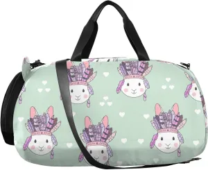 VIGTRO Boho Rabbit with Feathers Kids Overnight Travel Duffel Bag Sport Gym Bag for Boys Girls with Shoe Compartment, Carry On Weekender Luggage Bag for Dance Swim Yoga