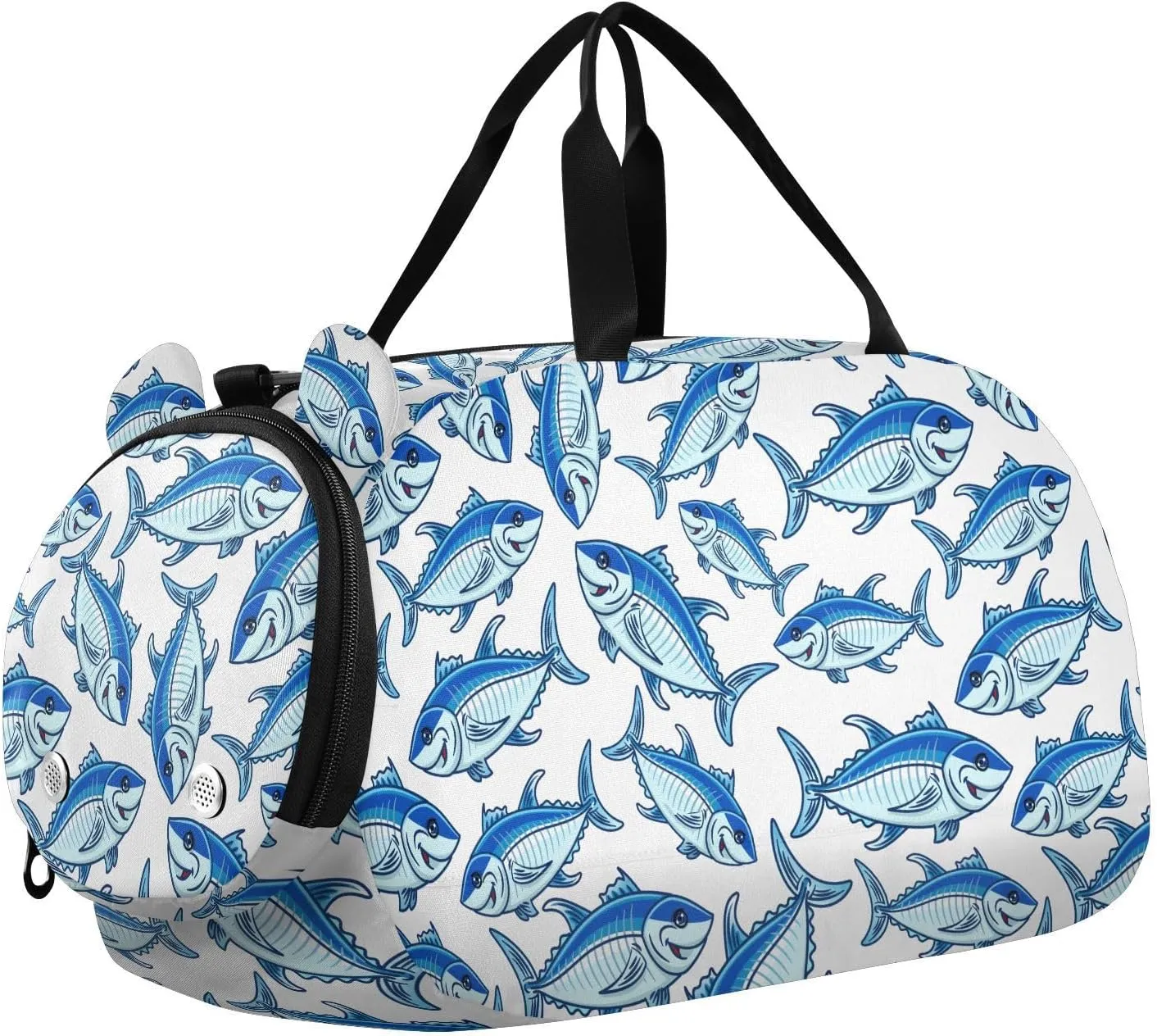 VIGTRO Cartoon Blue Tuna Fishes Kids Overnight Travel Duffel Bag Sport Gym Bag for Boys Girls with Shoe Compartment, Carry On Weekender Luggage Bag for Dance Swim Yoga