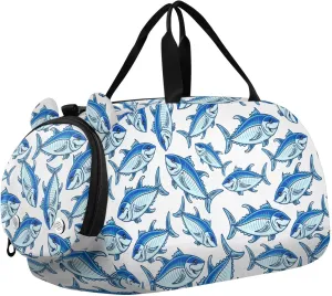 VIGTRO Cartoon Blue Tuna Fishes Kids Overnight Travel Duffel Bag Sport Gym Bag for Boys Girls with Shoe Compartment, Carry On Weekender Luggage Bag for Dance Swim Yoga