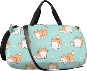 VIGTRO Cartoon Cute Fat Cat Kids Overnight Travel Duffel Bag Sport Gym Bag for Boys Girls with Shoe Compartment, Carry On Weekender Luggage Bag for Dance Swim Yoga