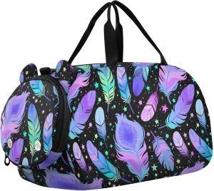 VIGTRO Colorful Bright Feathers Kids Overnight Travel Duffel Bag Sport Gym Bag for Boys Girls with Shoe Compartment, Carry On Weekender Luggage Bag for Dance Swim Yoga