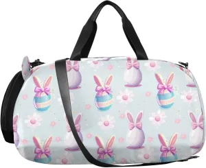 VIGTRO Colorful Eggs Rabbit Ears Kids Overnight Travel Duffel Bag Sport Gym Bag for Boys Girls with Shoe Compartment, Easter Carry On Weekender Luggage Bag for Dance Swim Yoga