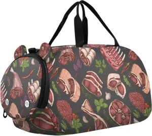 VIGTRO Colorful Meats Sketch Style Kids Overnight Travel Duffel Bag Sport Gym Bag for Boys Girls with Shoe Compartment, Carry On Weekender Luggage Bag for Dance Swim Yoga
