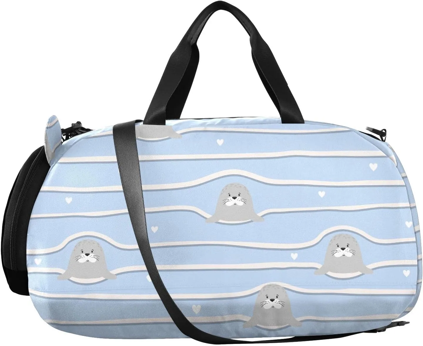 VIGTRO Cute Cartoon Seal Pattern Boys Girls Sports Travel Duffel Bags with Shoes Compartment, Weekender Overnight Gym Bag for Swimming, Dancing, Outing