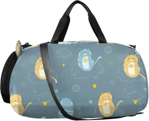 VIGTRO Cute Cats Doodle Clound Star Kids Overnight Travel Duffel Bag Sport Gym Bag for Boys Girls with Shoe Compartment, Carry On Weekender Luggage Bag for Dance Swim Yoga