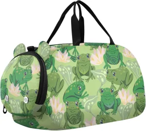 VIGTRO Cute Frogs Water Leaves Plants Kids Overnight Travel Duffel Bag Sport Gym Bag for Boys Girls with Shoe Compartment, Carry On Weekender Luggage Bag for Dance Swim Yoga