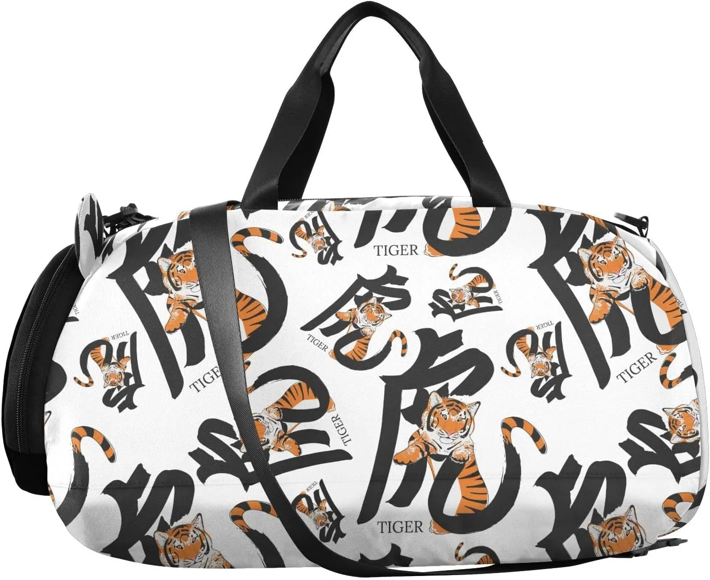 VIGTRO Cute Hieroglyph Words Tiger Kids Overnight Travel Duffel Bag Sport Gym Bag for Boys Girls with Shoe Compartment, Carry On Weekender Luggage Bag for Dance Swim Yoga