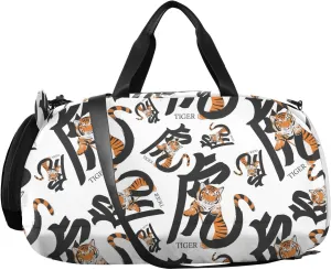 VIGTRO Cute Hieroglyph Words Tiger Kids Overnight Travel Duffel Bag Sport Gym Bag for Boys Girls with Shoe Compartment, Carry On Weekender Luggage Bag for Dance Swim Yoga