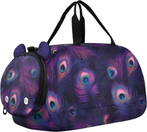 VIGTRO Cute Peacock Feathers Kids Overnight Travel Duffel Bag Sport Gym Bag for Boys Girls with Shoe Compartment, Carry On Weekender Luggage Bag for Dance Swim Yoga