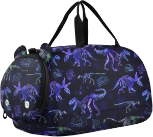 VIGTRO Dinosaur Skeleton Grunge Pattern Kids Overnight Travel Duffel Bag Sport Gym Bag for Boys Girls with Shoe Compartment, Carry On Weekender Luggage Bag for Dance Swim Yoga