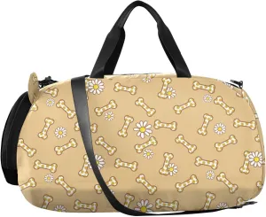 VIGTRO Dog Bone Pattern Flower Daisy Kids Overnight Travel Duffel Bag Sport Gym Bag for Boys Girls with Shoe Compartment, Carry On Weekender Luggage Bag for Dance Swim Yoga