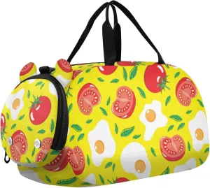 VIGTRO Fried Egg Tomato Fruit Kids Overnight Travel Duffel Bag Sport Gym Bag for Boys Girls with Shoe Compartment, Carry On Weekender Luggage Bag for Dance Swim Yoga