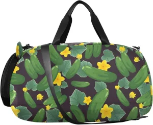 VIGTRO Green Cucumbers Yellow Flowers Kids Overnight Travel Duffel Bag Sport Gym Bag for Boys Girls with Shoe Compartment, Carry On Weekender Luggage Bag for Dance Swim Yoga