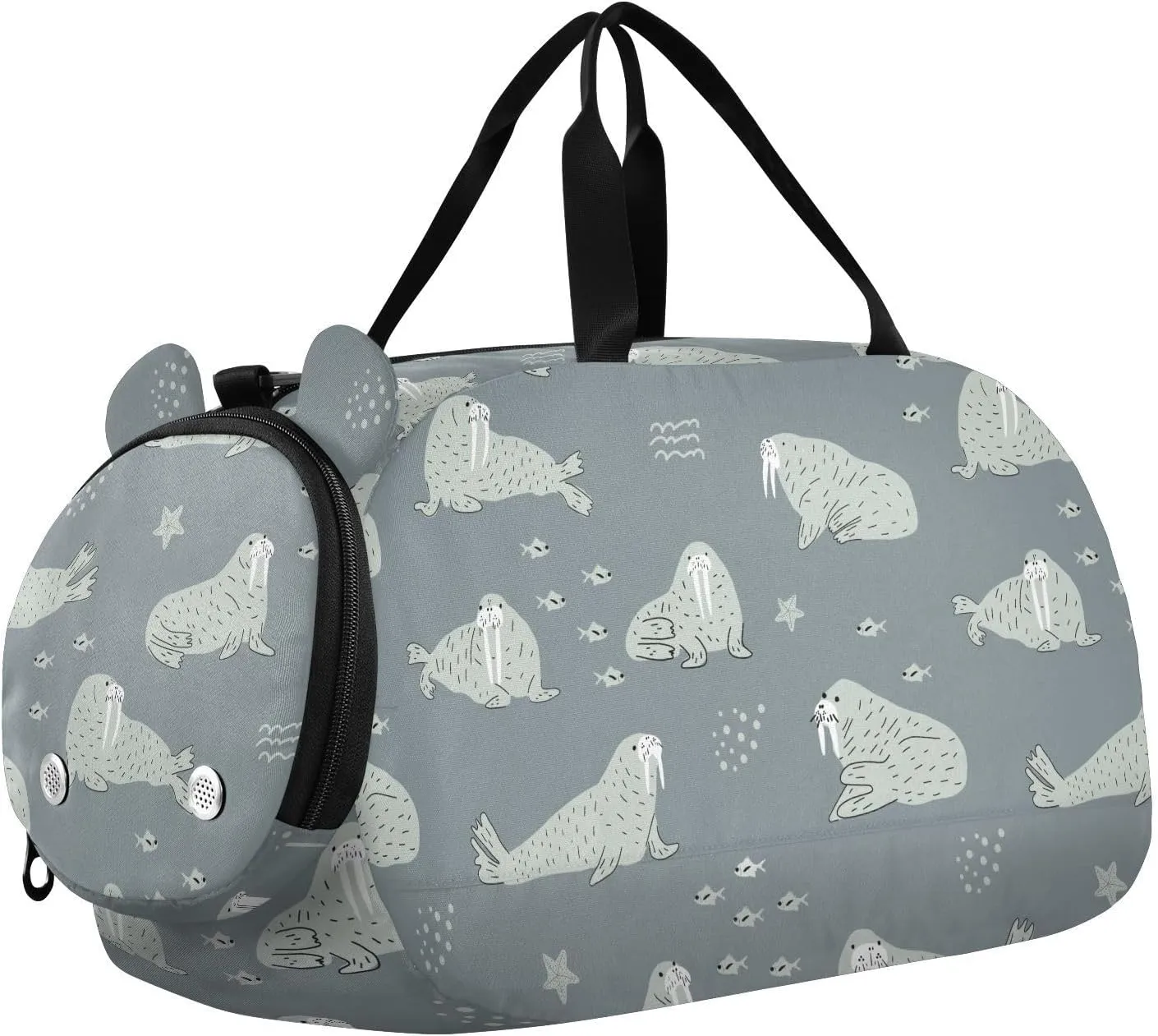 VIGTRO Grey Walrus Fish Pattern Kids Overnight Travel Duffel Bag Sport Gym Bag for Boys Girls with Shoe Compartment, Carry On Weekender Luggage Bag for Dance Swim Yoga
