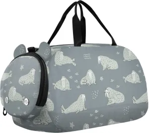VIGTRO Grey Walrus Fish Pattern Kids Overnight Travel Duffel Bag Sport Gym Bag for Boys Girls with Shoe Compartment, Carry On Weekender Luggage Bag for Dance Swim Yoga