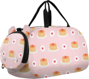 VIGTRO Pancakes with Berries Pink Hearts Kids Overnight Travel Duffel Bag Sport Gym Bag for Boys Girls with Shoe Compartment, Carry On Weekender Luggage Bag for Dance Swim Yoga
