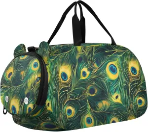 VIGTRO Peacock Feathers Green Kids Overnight Travel Duffel Bag Sport Gym Bag for Boys Girls with Shoe Compartment, Carry On Weekender Luggage Bag for Dance Swim Yoga