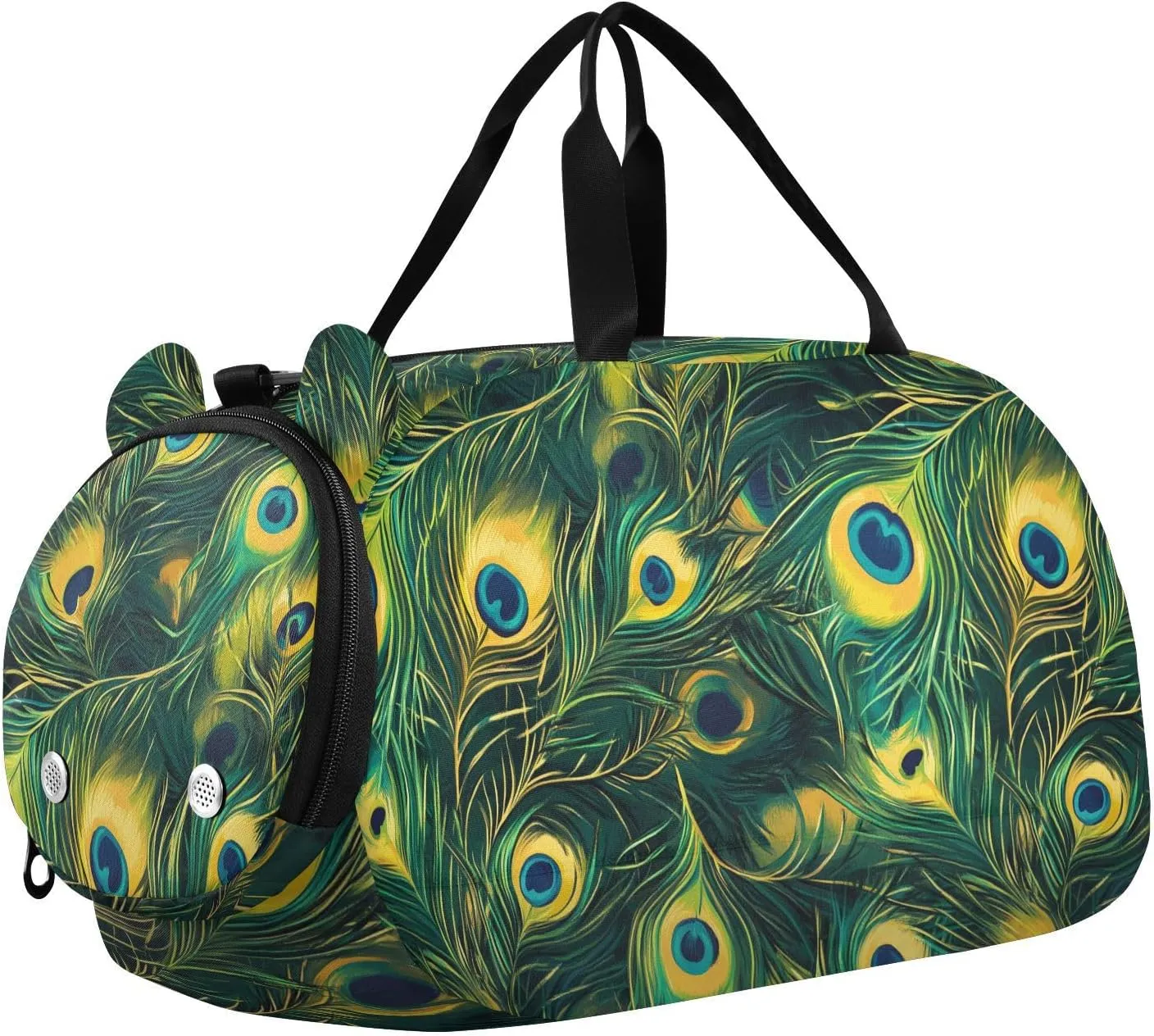 VIGTRO Peacock Feathers Green Kids Overnight Travel Duffel Bag Sport Gym Bag for Boys Girls with Shoe Compartment, Carry On Weekender Luggage Bag for Dance Swim Yoga