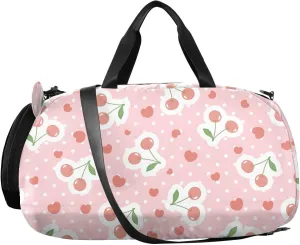 VIGTRO Red Cute Cherries Dot Kids Overnight Travel Duffel Bag Sport Gym Bag for Boys Girls with Shoe Compartment, Kawai Hearts Carry On Weekender Luggage Bag for Dance Swim Yoga