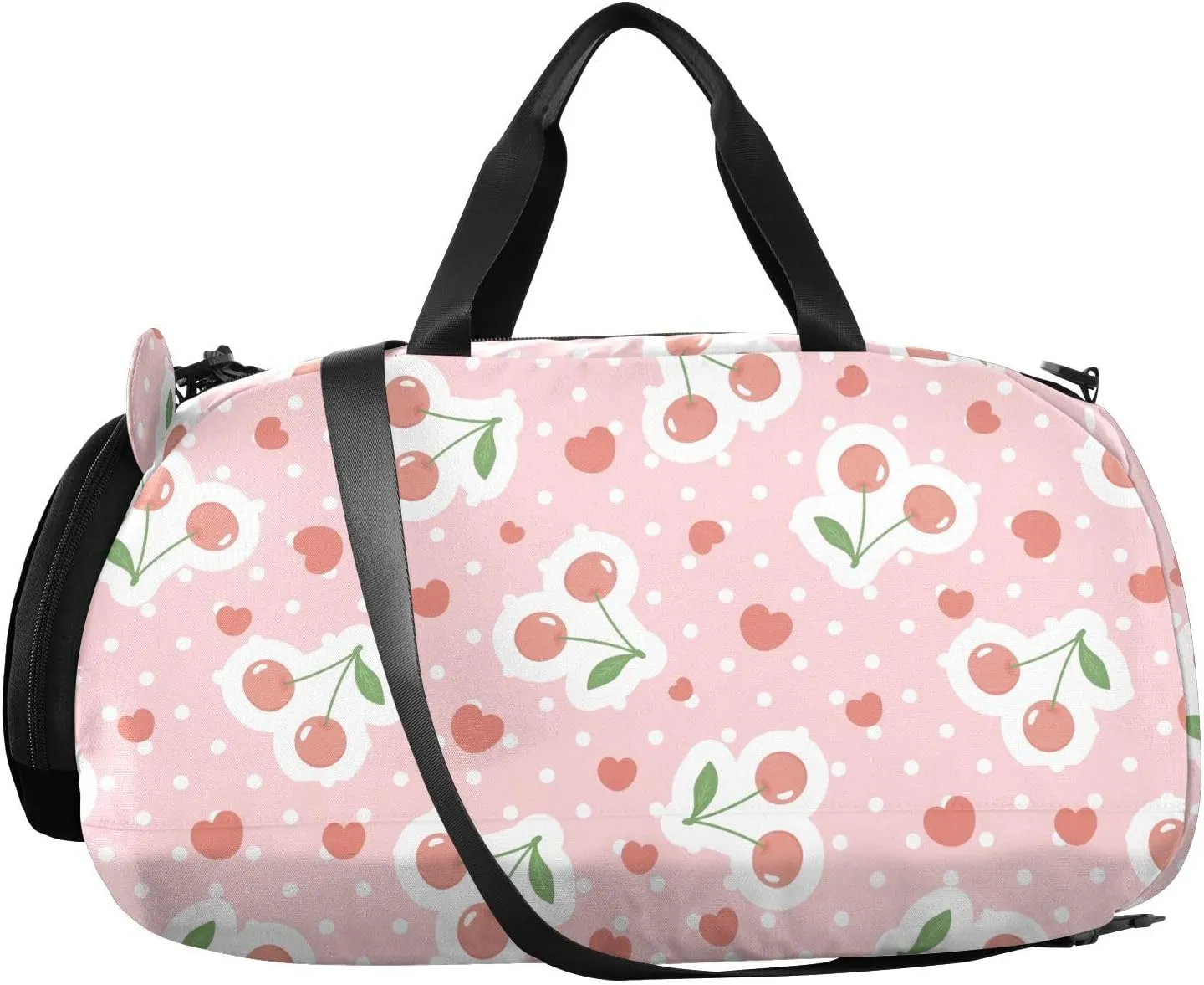 VIGTRO Red Cute Cherries Dot Kids Overnight Travel Duffel Bag Sport Gym Bag for Boys Girls with Shoe Compartment, Kawai Hearts Carry On Weekender Luggage Bag for Dance Swim Yoga
