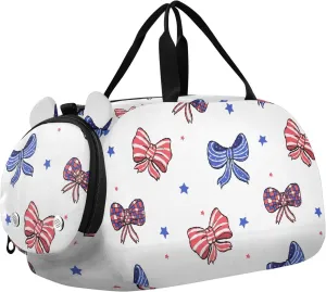 VIGTRO Stars and Stripes Patriotic Bow Kids Overnight Travel Duffel Bag Sport Gym Bag for Boys Girls with Shoe Compartment, 4th Of July Carry On Weekender Luggage Bag for Dance Swim Yoga