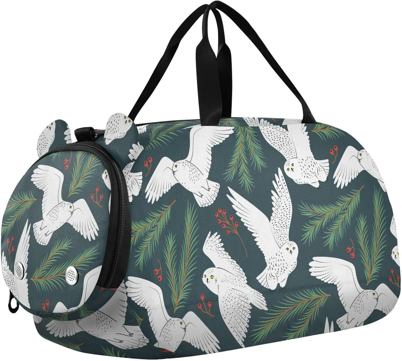 VIGTRO White Owls Spruce Branches Kids Overnight Travel Duffel Bag Sport Gym Bag for Boys Girls with Shoe Compartment, Carry On Weekender Luggage Bag for Dance Swim Yoga