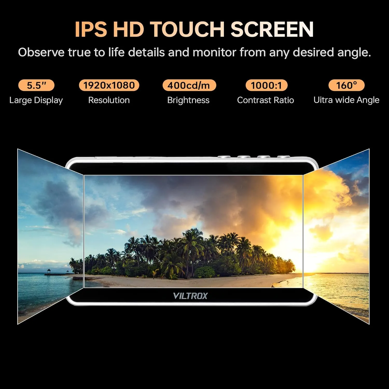 VILTROX DC-V1 5.5 Inch Touchscreen Camera Field Monitor, 4K HDMI DSLR Camera Monitor with Battery Sunshade Input Output Peaking Focus Assist 3D LUT 160° Wide View Angle DC 12V Type-C 5V in, White