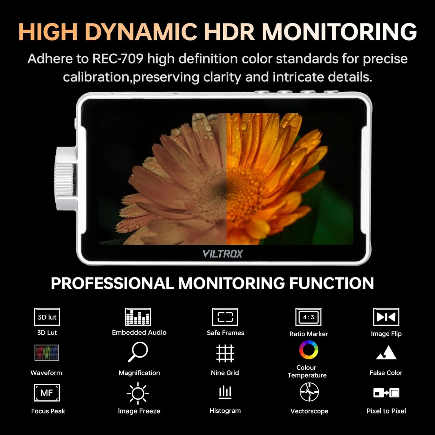 VILTROX DC-V1 5.5 Inch Touchscreen Camera Field Monitor, 4K HDMI DSLR Camera Monitor with Battery Sunshade Input Output Peaking Focus Assist 3D LUT 160° Wide View Angle DC 12V Type-C 5V in, White