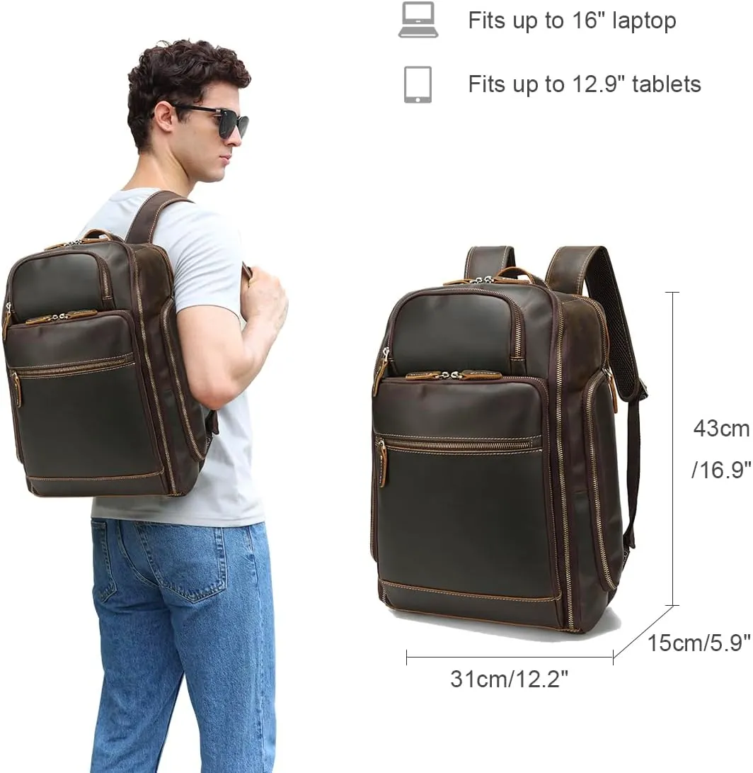 Vintage Full Grain Leather Backpack For Man Business Travel Hiking Shoulder Daypack Fits 16 Inches Laptop