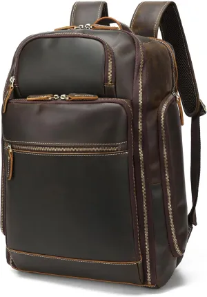 Vintage Full Grain Leather Backpack For Man Business Travel Hiking Shoulder Daypack Fits 16 Inches Laptop
