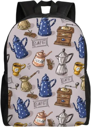 VOSERY Travel Laptop Backpack for Men Women with Adjustable Padded Shoulder Straps, Vintage Teapot Coffee Grinder Waterproof Backpack with Laptop Sleeve, Computer Backpack Bag Fit 15 Inch Laptop