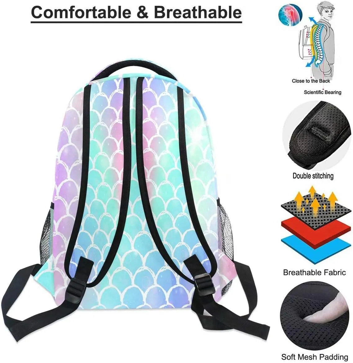 Wamika Colorful Mermaid Scale Backpacks for Girls Women, Rainbow Marble Galaxy Computer Laptop Backpack, Fish Scales Kid’s School Book Bag, Casual Travel Camping Daypack