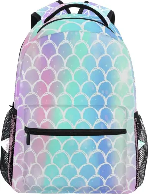 Wamika Colorful Mermaid Scale Backpacks for Girls Women, Rainbow Marble Galaxy Computer Laptop Backpack, Fish Scales Kid’s School Book Bag, Casual Travel Camping Daypack