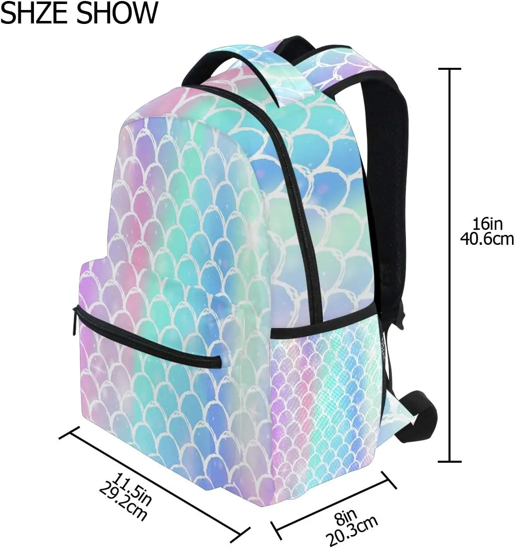 Wamika Colorful Mermaid Scale Backpacks for Girls Women, Rainbow Marble Galaxy Computer Laptop Backpack, Fish Scales Kid’s School Book Bag, Casual Travel Camping Daypack