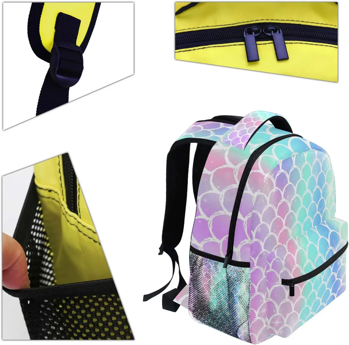 Wamika Colorful Mermaid Scale Backpacks for Girls Women, Rainbow Marble Galaxy Computer Laptop Backpack, Fish Scales Kid’s School Book Bag, Casual Travel Camping Daypack