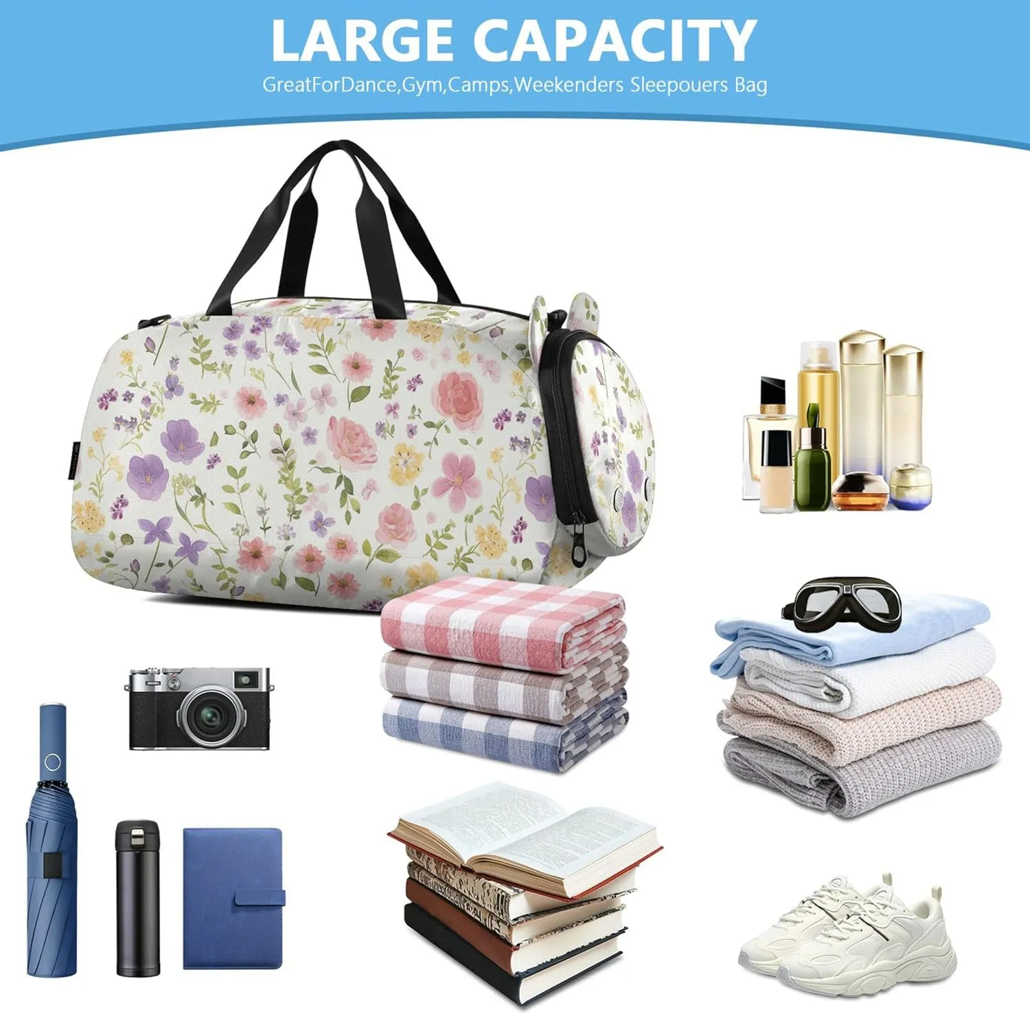 Watercolor Flowers Spring Boy's Gym Duffel Bag with Shoes Compartment Large Capacity Gymnastics Sports Bag for Travel, Sports, Duffel, Weekender