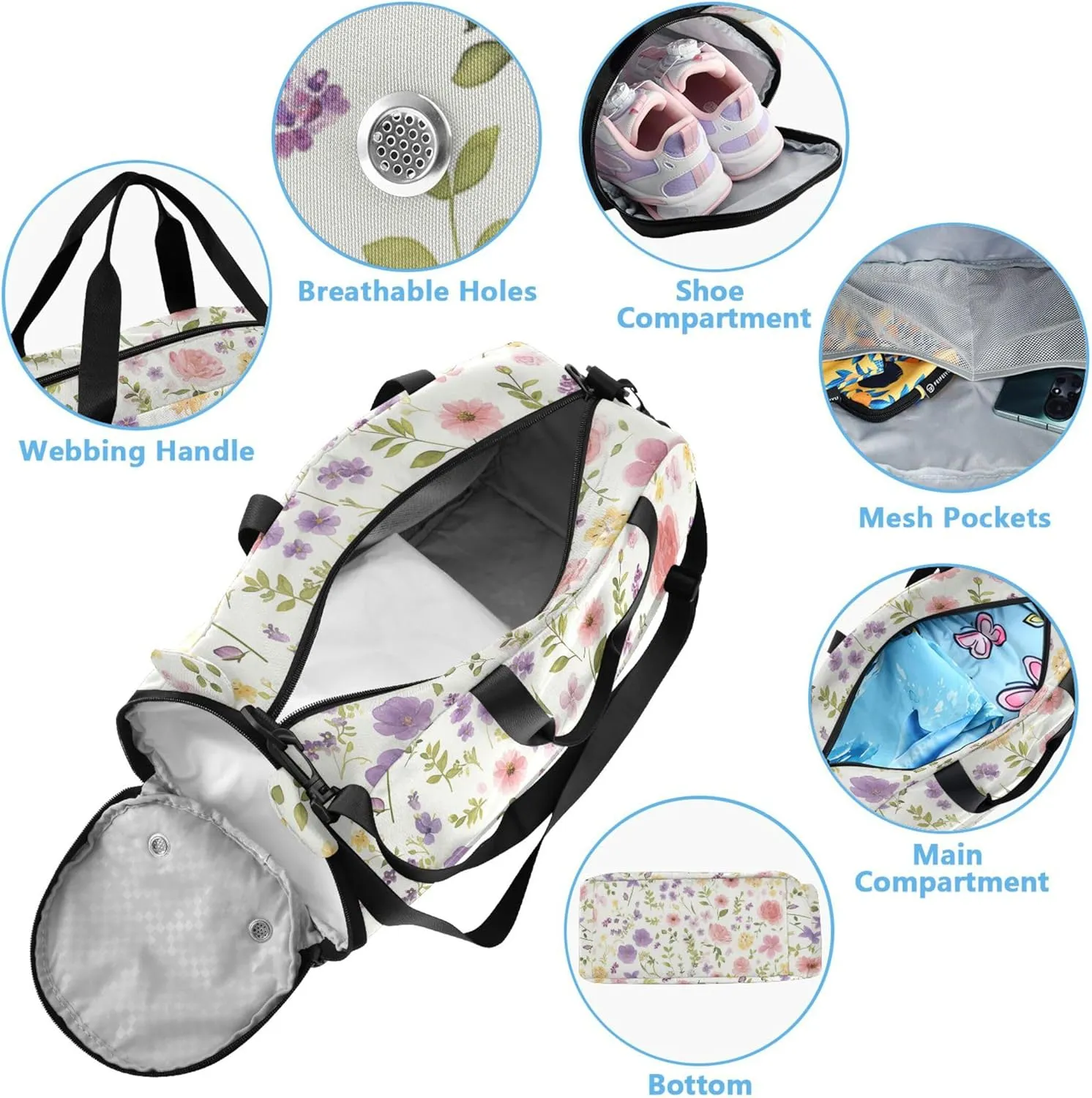 Watercolor Flowers Spring Boy's Gym Duffel Bag with Shoes Compartment Large Capacity Gymnastics Sports Bag for Travel, Sports, Duffel, Weekender
