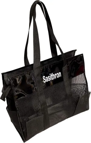 Waterproof Mesh Shopper Utility Beach Bag Zipper Organizing Tote (Black with Personalized Vinyl Name)