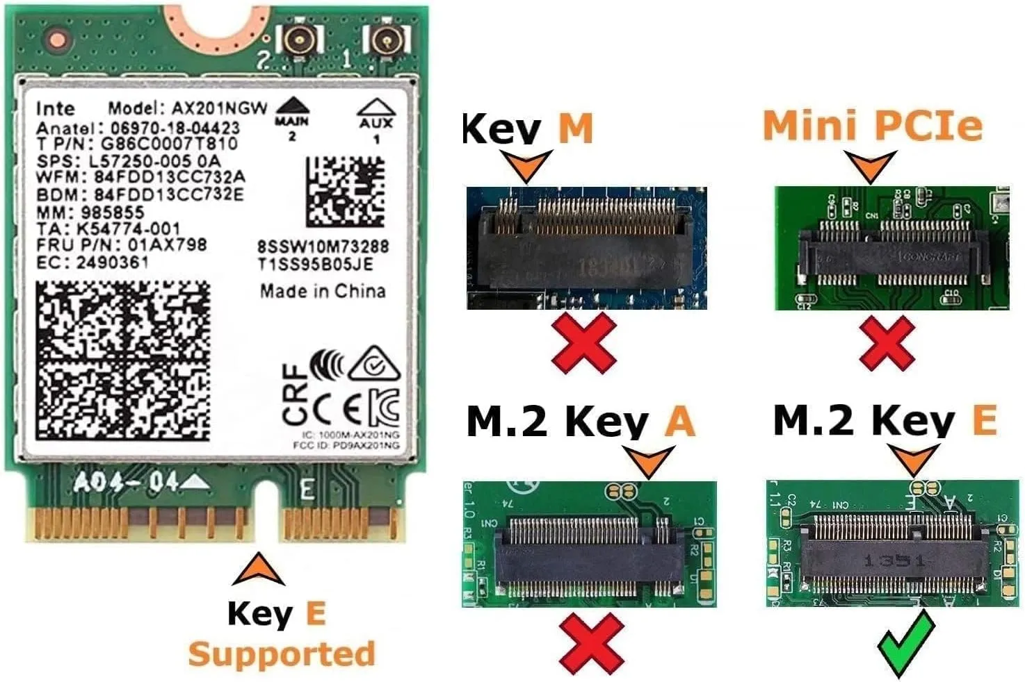 WiFi 6 Adapter for Intel AX201 | Dual Band Up to 2.4 Gbps | CNVio2 M.2 | Bluetooth 5.2 Support | Requires Intel 10th Gen and Above CPUs, Windows 10 & 11, Linux | AX201NGW (AX201)
