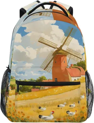 Windmill Farm Landscape Backpack 3rd 4th 5th Grade School Bookbag Travel Laptop Daypack Bag Purse for Boys Girls Teens