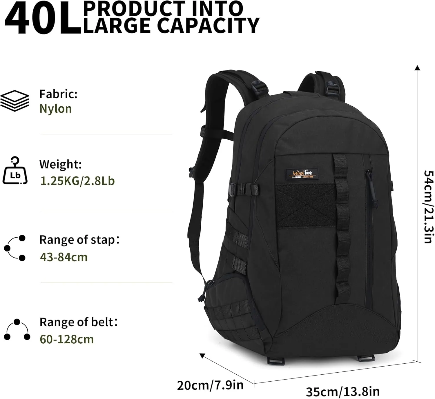 WindTook 40L Military Tactical Backpack for Men and Women,Molle Hiking daypacks Assault Pack 3 Day Bug Out Bag for Camping Travel Army Hunting Gym Rucksack Survival (Black)