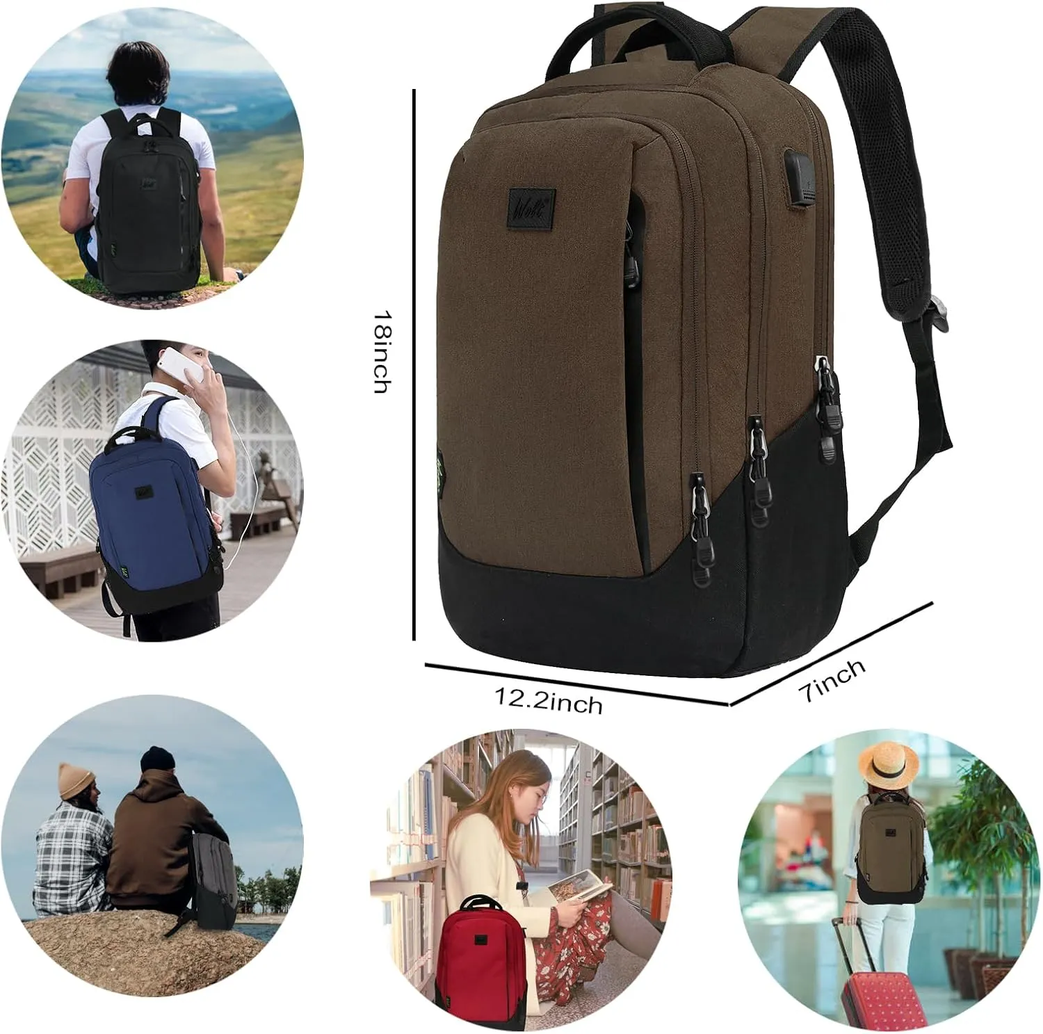 WOLT Travel Laptop Backpack, Carry On Flight Approved Laptop Bag for 15.6 Inch and 17 Inch Notebook with USB Charging Port College Bookbag, Brown