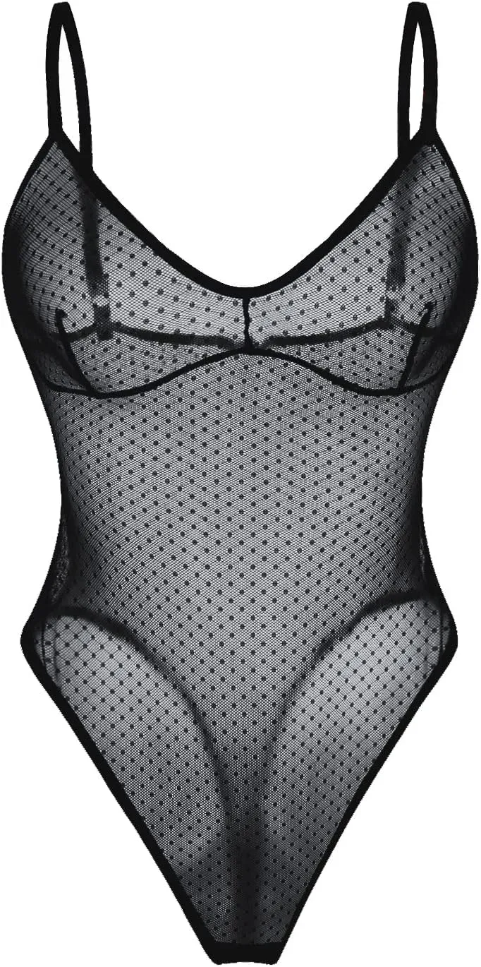 Women One Piece Sexy Lingerie Stretch Mesh Bodysuit Sheer Thong Teddy Leotard Rave Outfit Jumpsuit Tops