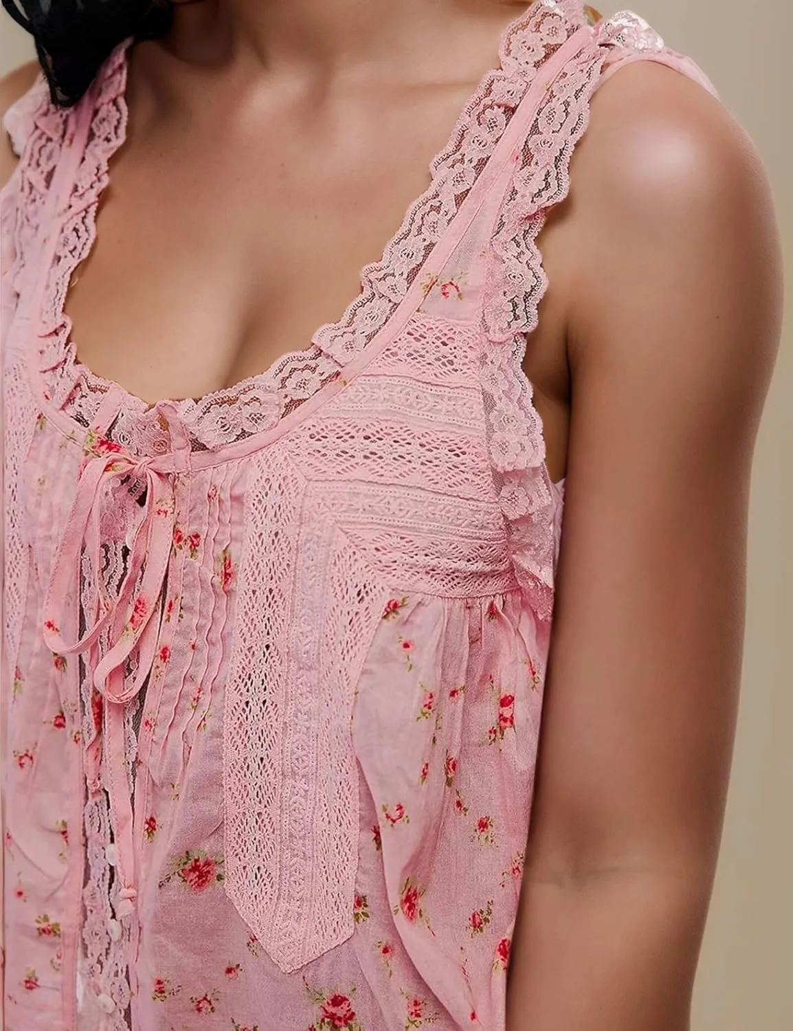 Women Sleeveless Ruffled Lace Tank Top Boho Summer Vacation Top Button Down Front Tie Mesh Lace Cami Shirt