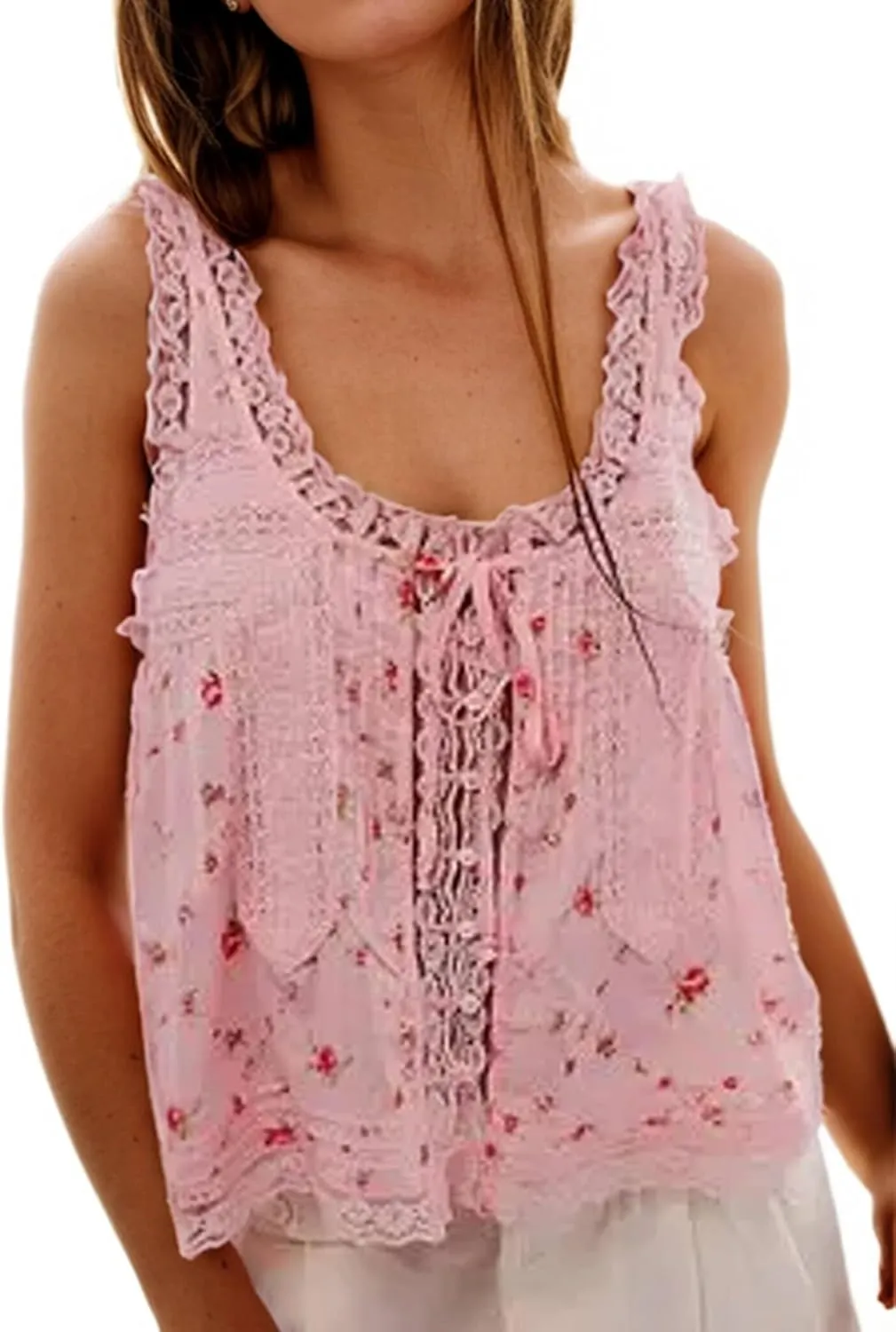 Women Sleeveless Ruffled Lace Tank Top Boho Summer Vacation Top Button Down Front Tie Mesh Lace Cami Shirt