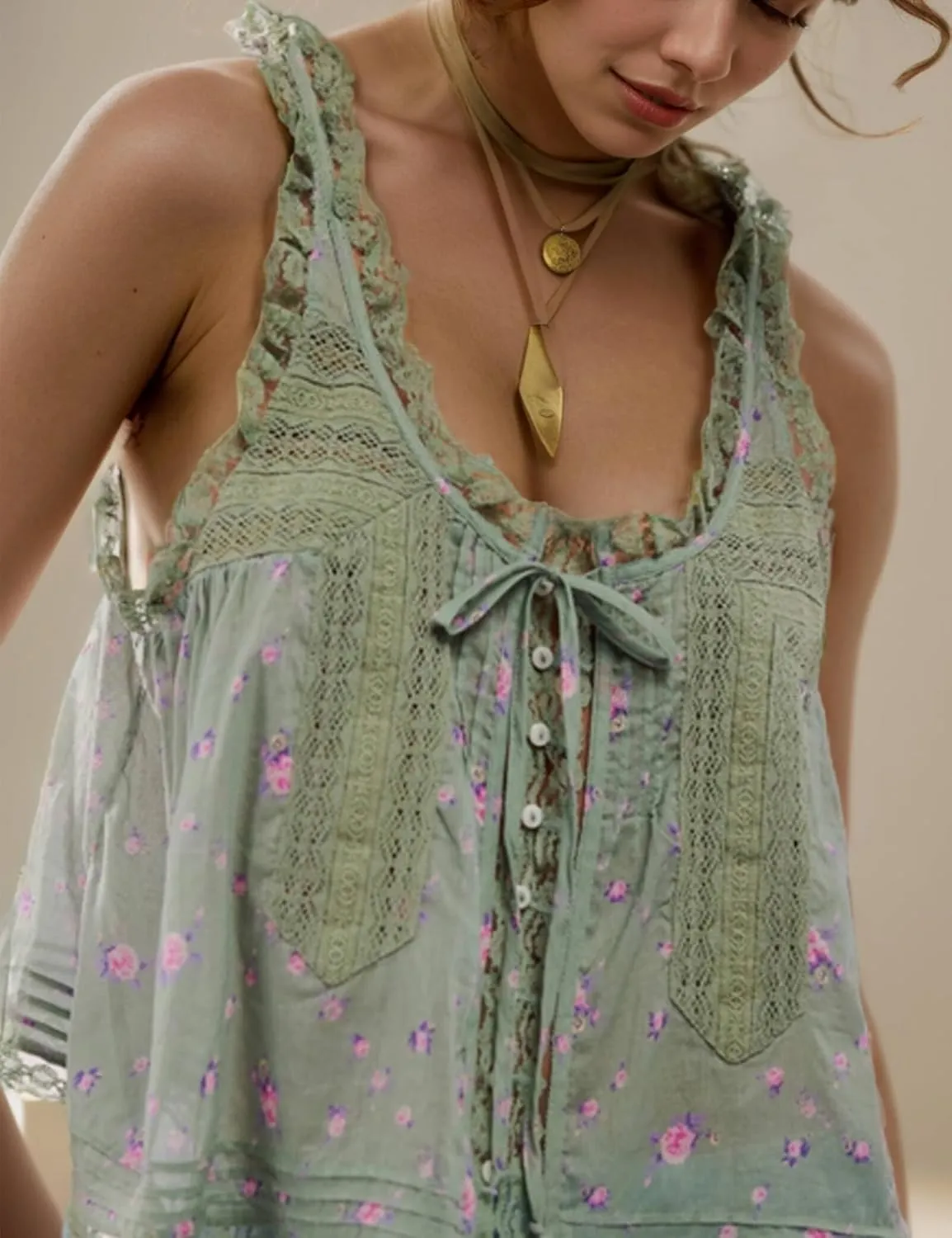 Women Sleeveless Ruffled Lace Tank Top Boho Summer Vacation Top Button Down Front Tie Mesh Lace Cami Shirt