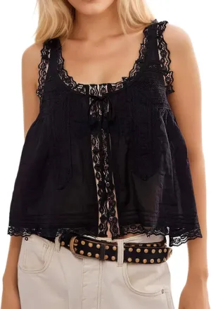 Women Sleeveless Ruffled Lace Tank Top Boho Summer Vacation Top Button Down Front Tie Mesh Lace Cami Shirt