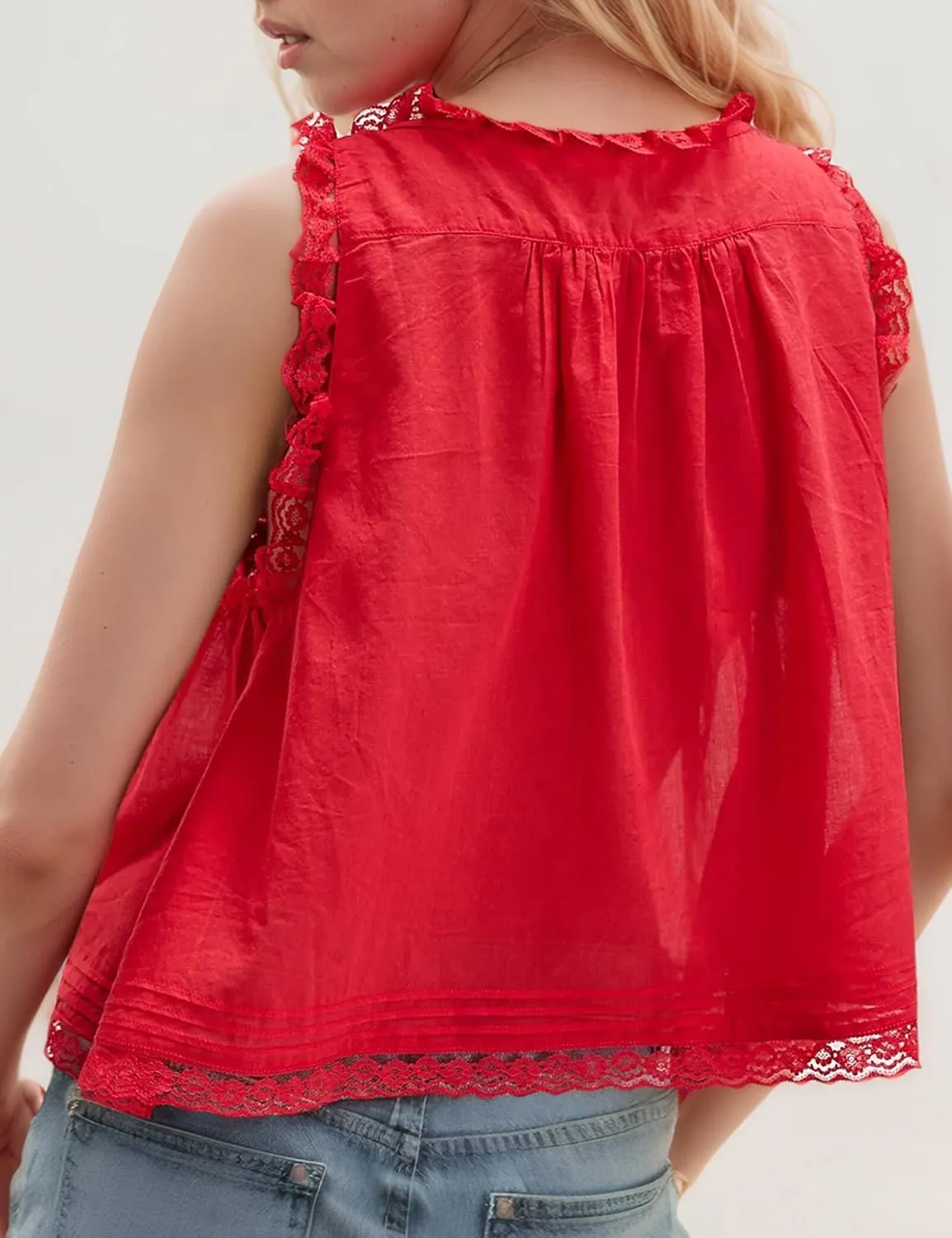 Women Sleeveless Ruffled Lace Tank Top Boho Summer Vacation Top Button Down Front Tie Mesh Lace Cami Shirt